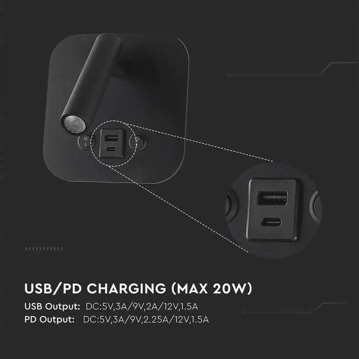 LED 8W Хотелска Стенна Лампа с Двустранно Осветяване V-tac USB и USB C