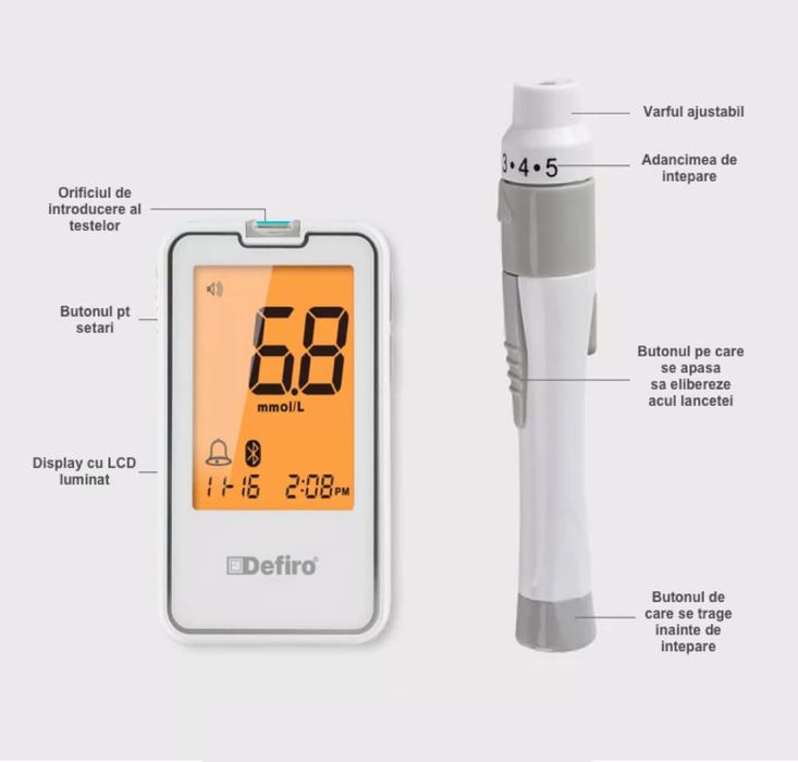 Glucometru Defiro cu bluetooth, incluse 75 teste si 75 ace