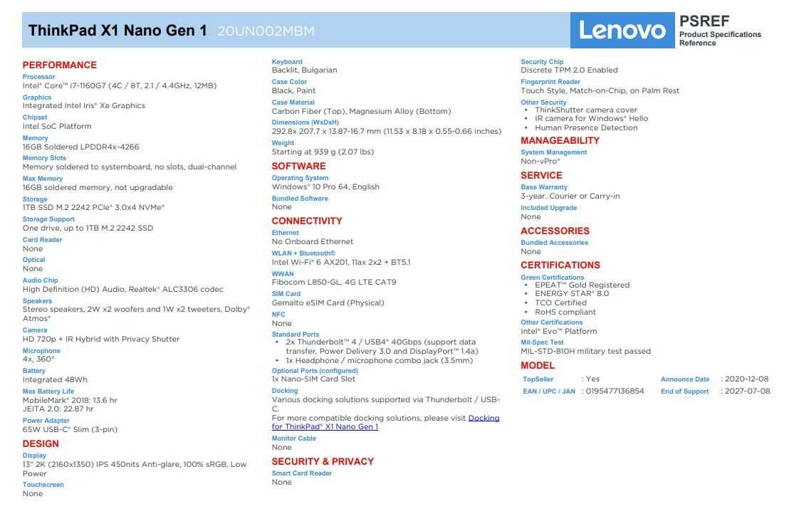 Lenovo ThinkPad X1 Nano i7 / 16GB / 1TB