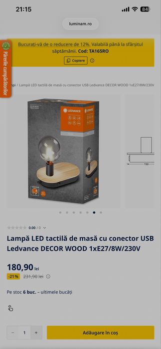 Lampa tactila Ledvance Decor Wood cu port usb
