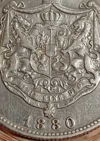 Moneda argint 5 lei 1880 Carol I stare f bună de colecție
