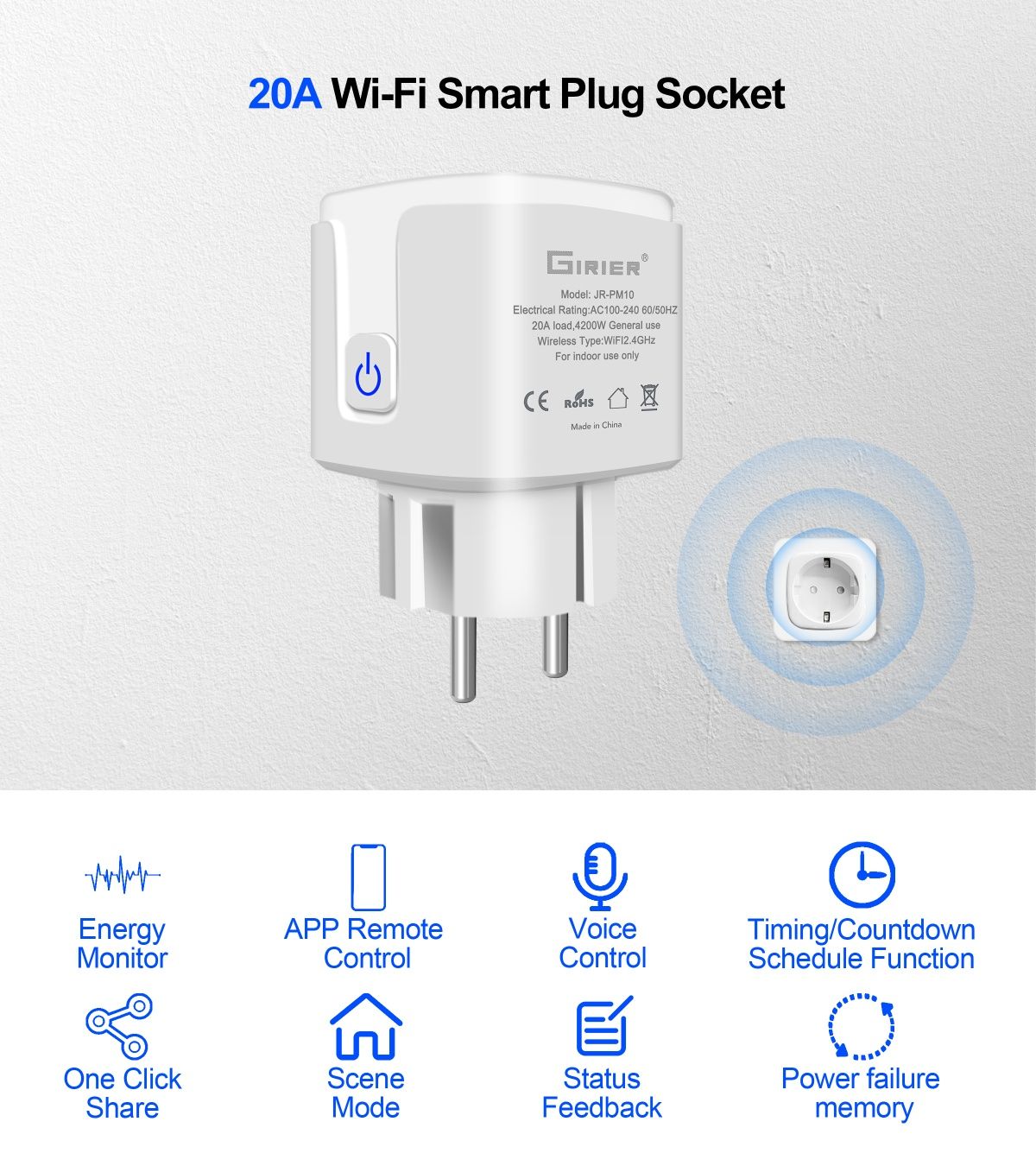 Tuya Smart 20А/4200W WiFi умен контакт с отчет на ел.енергия