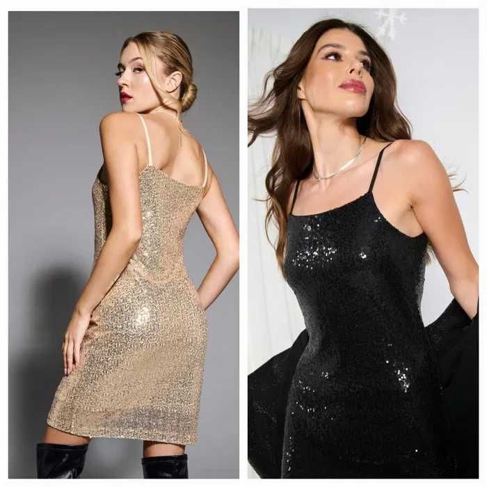 М Л ХЛ Нова официална рокля с пайети Златиста рокля с пайети черна рок