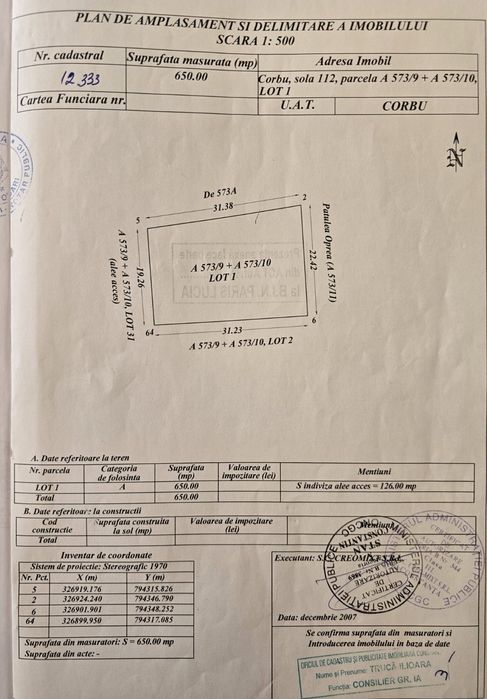 Vand 1 Lot Teren 650 mp deschidere la 2 strazi,Asfalt, la Plaja Corbu