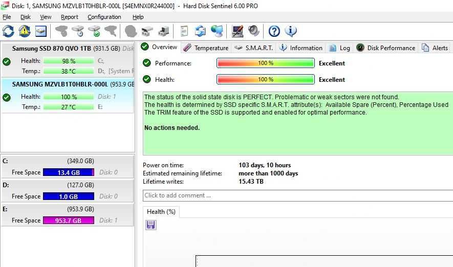 Ssd 1Tb m2 MVMe SAMSUNG 100% Sanatate