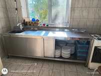 Masă inox profesională cu chiuvetă, 241x59cm – stare bună