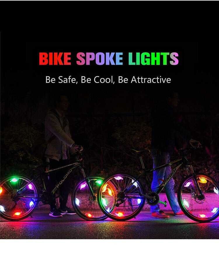 Set 2 lumini LED pentru spițe bicicletă. Baterii incluse. 4 moduri.