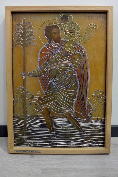 Icoană vitrată, plumb pe sticlă, 43x63 cm, Sf. Hristofor
