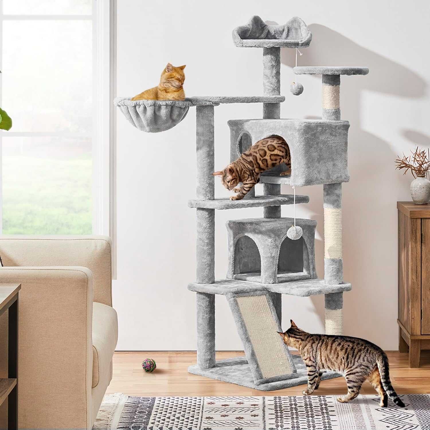 Ansamblu joaca pisici cu 2 casute si platforme |YT 592956 Light Gray