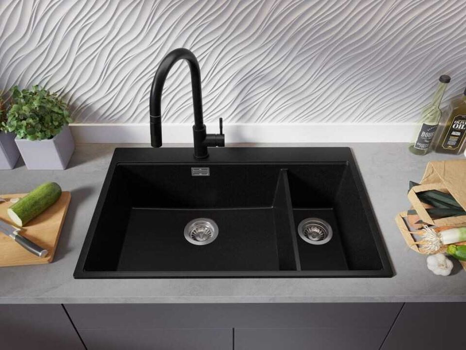 Черна кухненска гранитна мивка Осло 80 Duo Top 780x500 мм