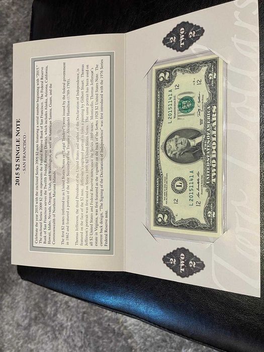 Bancnota 2 dolari in pliant emisa de rezerva bancii federale americane