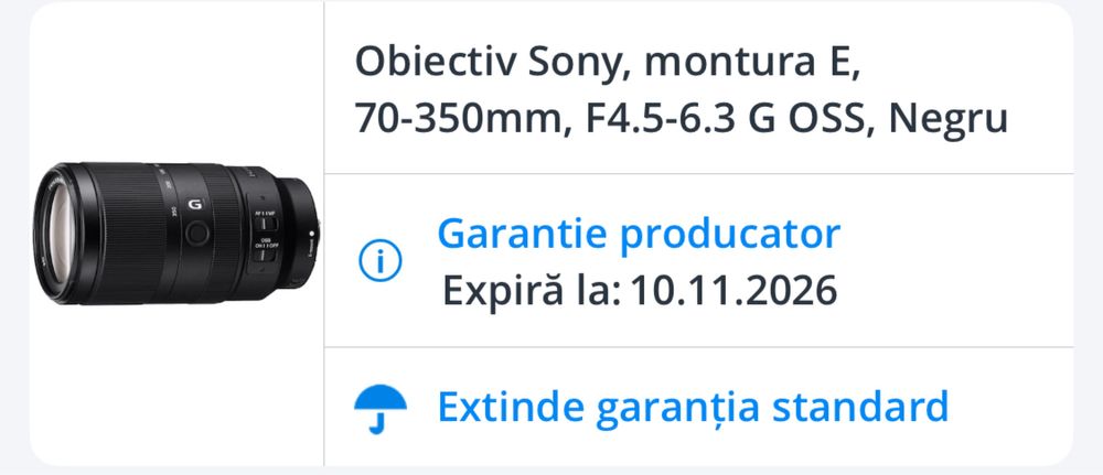 Obiectiv Sony, montura E, 70-350mm, F4.5-6.3 G OSS, Negru