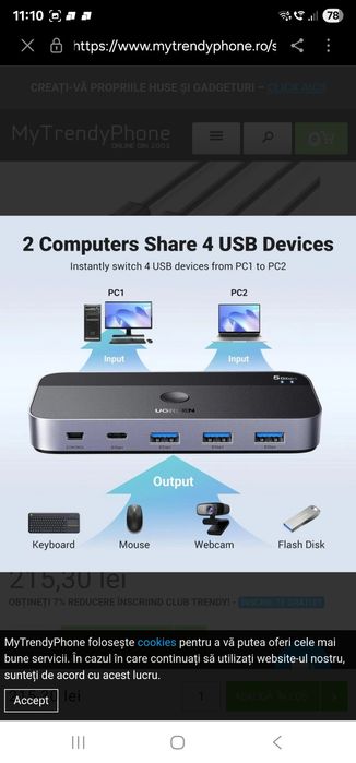 Ugreen USB 3.0 2-in-4 Switch 2x USB-A in, 3x USB-A + 1x USB-C out - Ne
