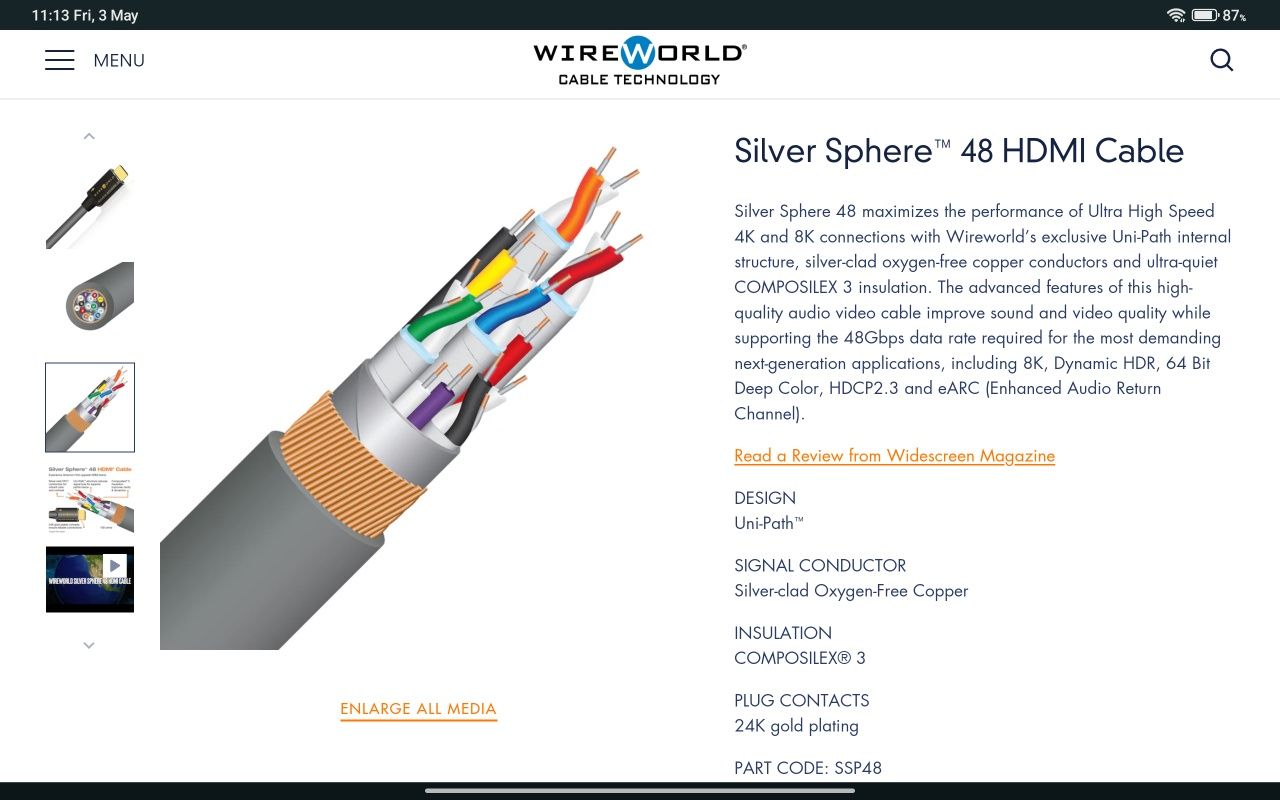 Wireworld Silver Sphere 48G HDMI Cable 3 Метра Като Нови 2 Броя