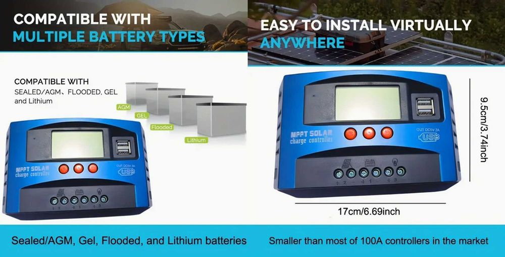 Controler de încărcare solar MPPT 100A, 12V/24V automat, Nou!