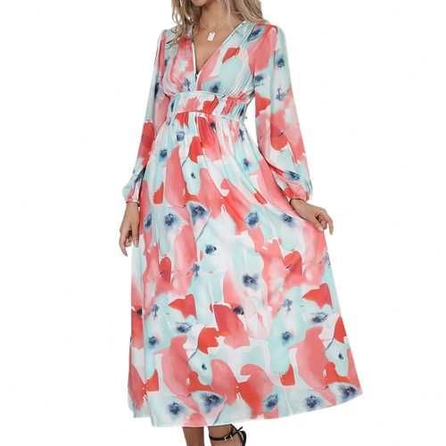 Rochie lunga florala cu decolteu in V si maneci lungi