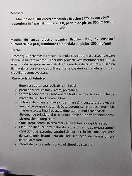 Masina de cusut electrica Brother J 17 S