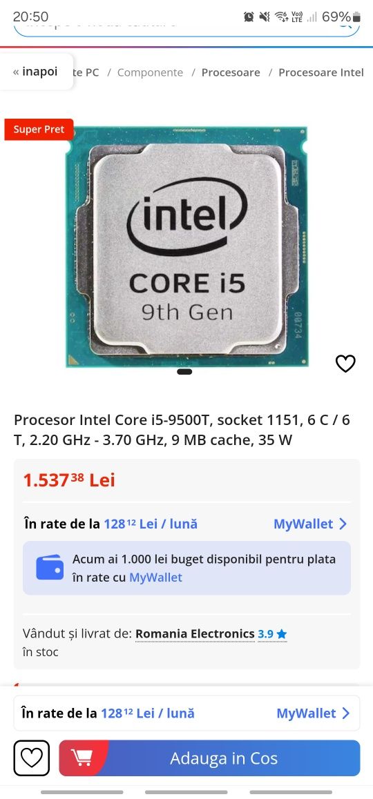 Procesor Intel Core i5-9500T, socket 1151, 6 C / 6 T, 2.20 GHz - 3.70