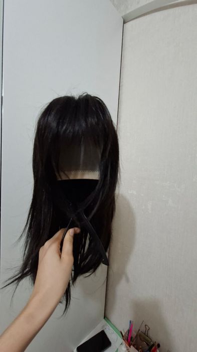 Новый парик из натуральных волос (чёрный, длина до плеч)