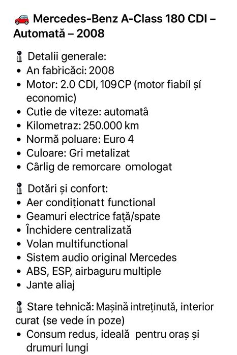 Mercedes A-Class 180 CDI, Automată, 2008 – Preț Fix 3.000 €