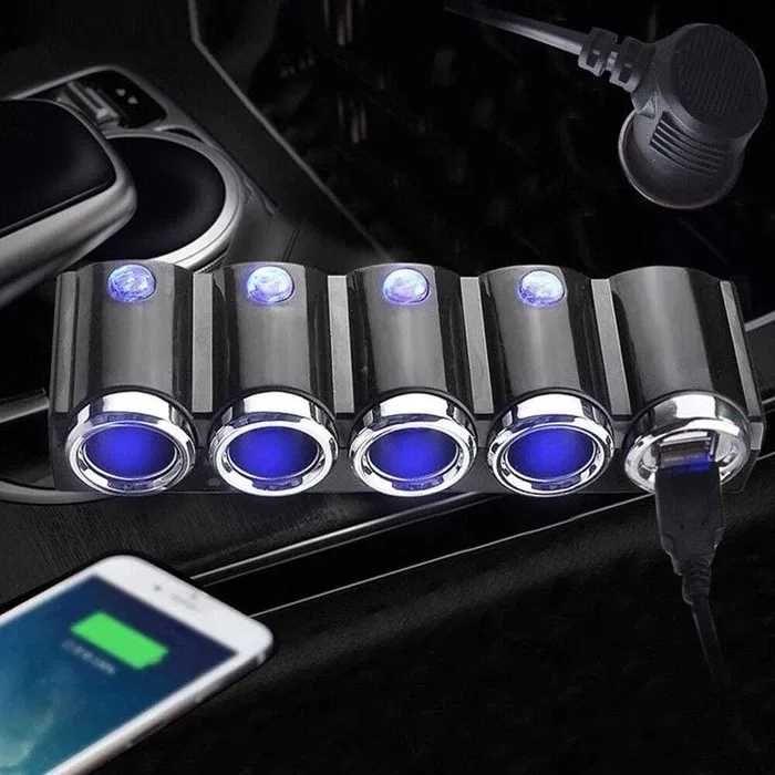 Разклонител от запалка с 2х USB и 4 гнезда за запaлка 12V