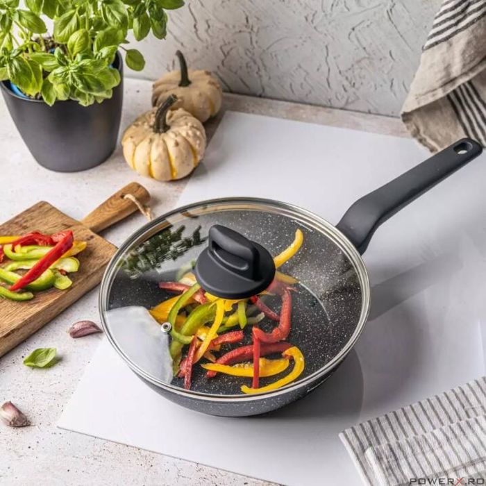 Tigaie din aluminiu turnat, marmorata, cu capac, neagra, 24cm,