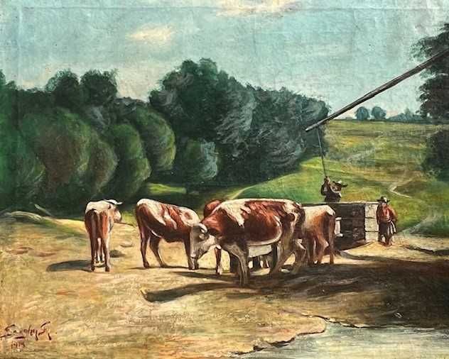 Tablou f VECHI, 110 ani ”Vaci la adăpat”, ul/pz, 80x60cm+R, semn-datat