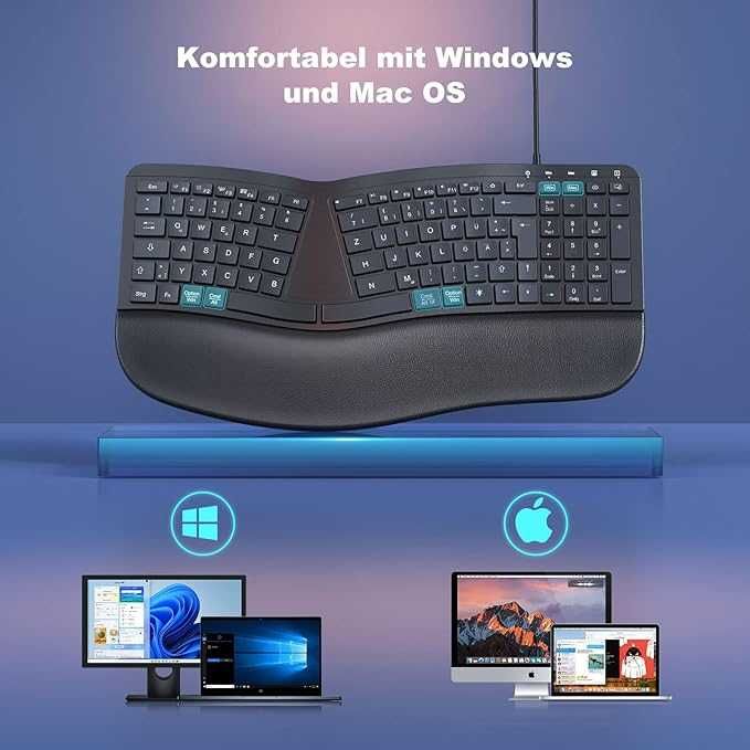 Ергономична , осветена, кабелна клавиатура с поставка за китката