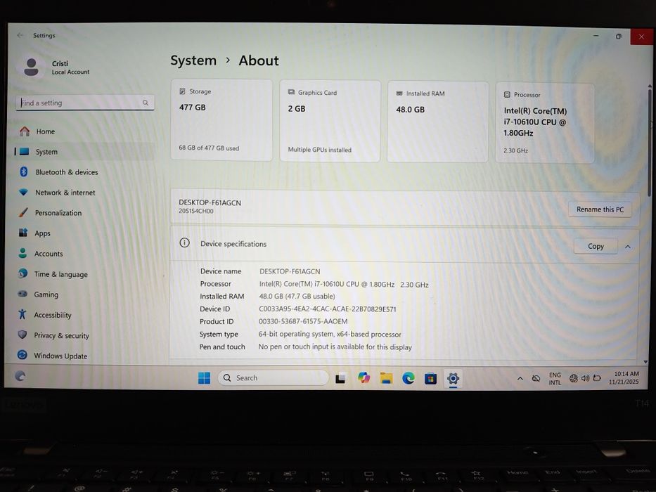 Laptop Lenovo ThinkPad T14 i7 RAM 48GB SSD 512GB NVIDIA MX330