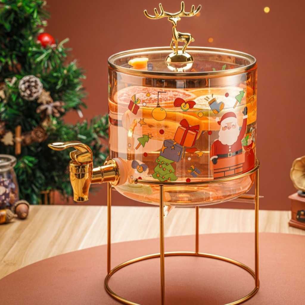 Стъклен диспенсър за напитки 2.6 L с коледен дизайн и златиста стойка
