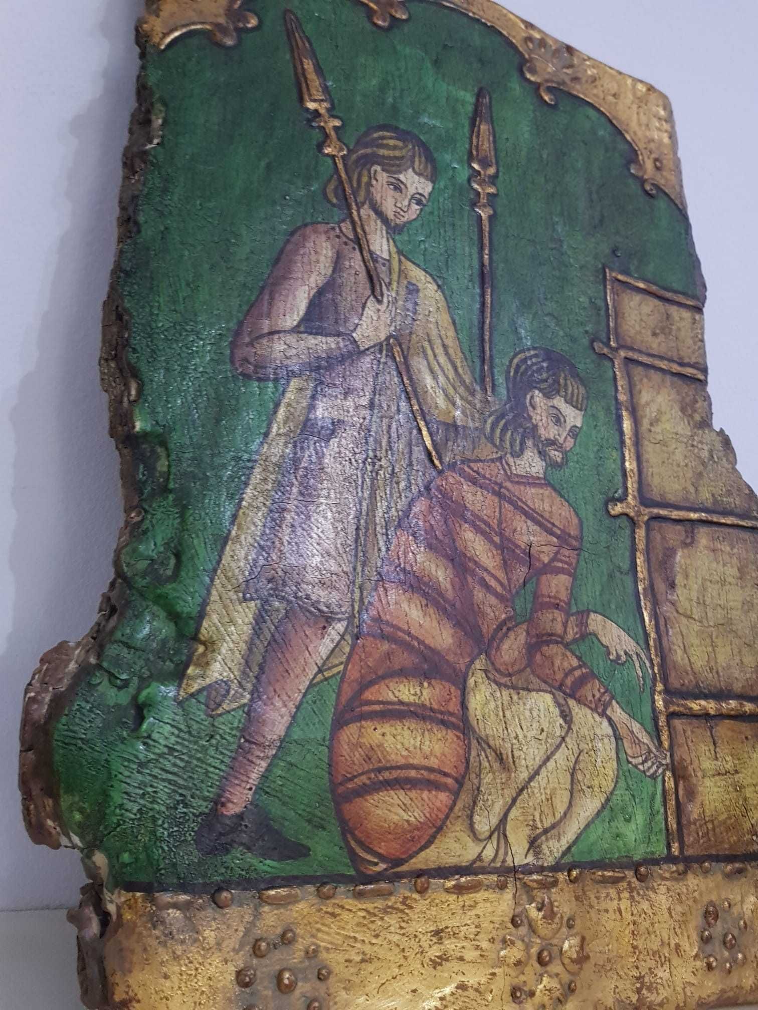 Pictura vintage medievala franceza pe lemn - Lancierii