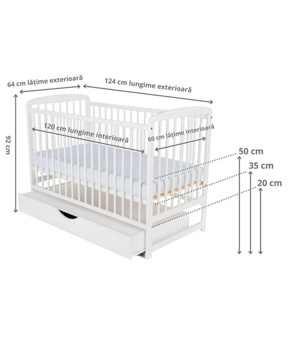 Pătuț “Ola” lemn bebe NOU + cadou saltea din cocos + cadou așternut