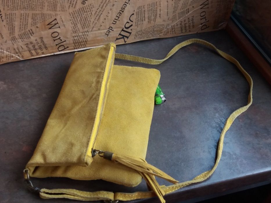 дамска чанта,велурена торба-жълта естествена кожа,велур