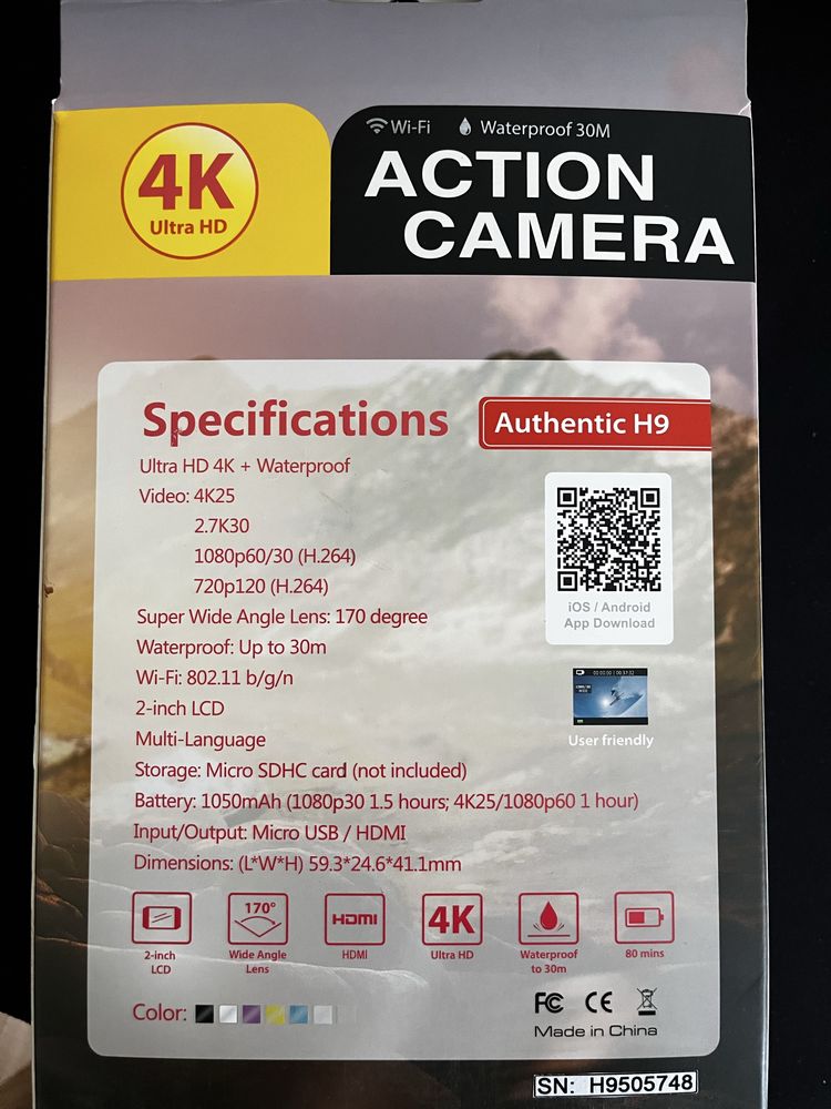 Екшън камера H9 4K, Wi-Fi, с кейс и всички монтажни аксесоари
