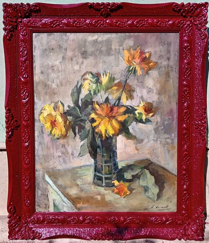 Tablou vechi - flori galbene - semnat N. Vermont