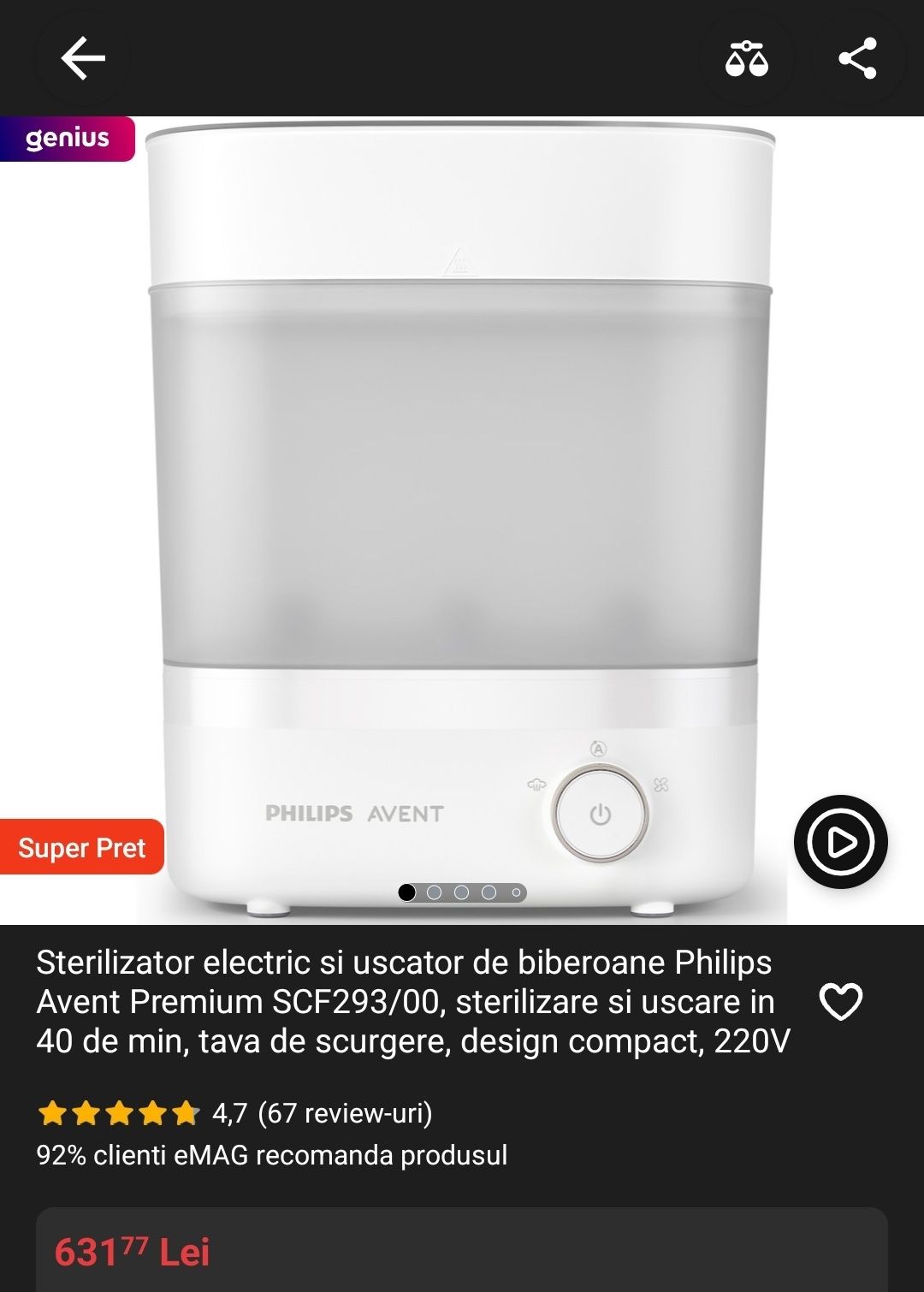 Sterilizator electric si uscator de biberoane Philips Avent Premium