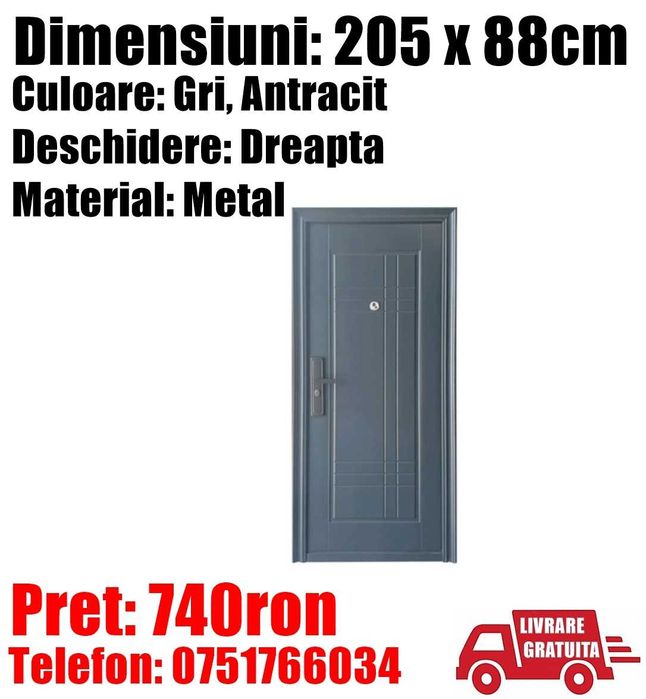 Usa Intrare Metalica Dreapta Apartament GRI 205x88cm+LivrGrat! TM