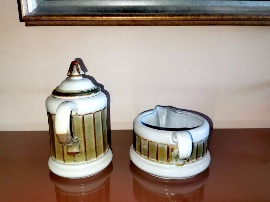 Антикварен комплект от сервиз за чай кафе чайник с похлупак и каничка