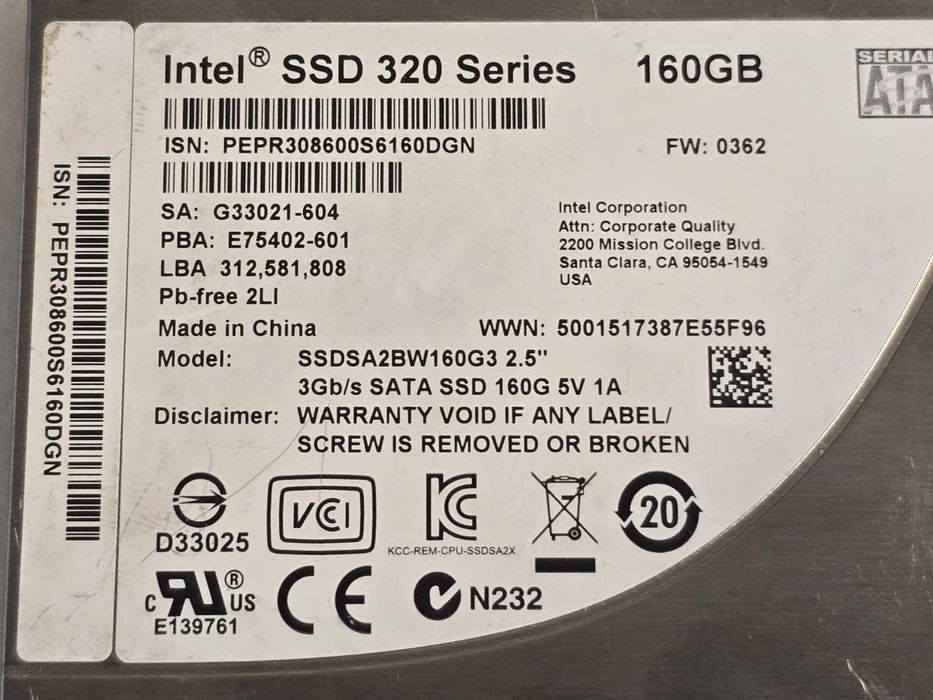 Solid-State Drive (SSD) Intel 320 Series 160GB 2.5" MLC SSDSA2BW160G3