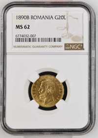 Moneda AUR 20 lei 1890 MS62, Romania, Carol I, certificata NGC