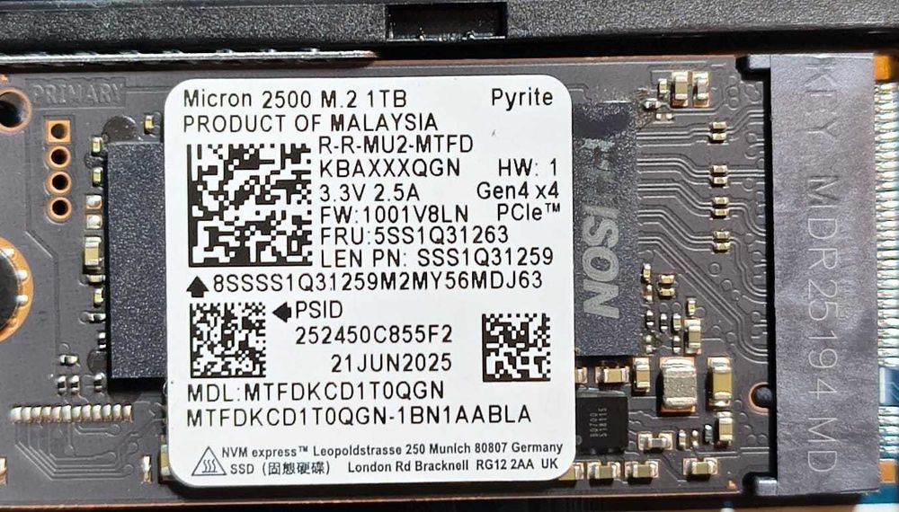 SSD Micron 2500 1TB NVMe PCIe 4.0 x4 slot M.2 format 2242, nou