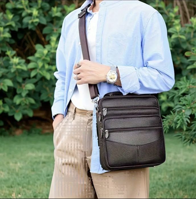Мъжка универсална кожена чанта с дръжка/Елегантна с кафява естест.кожа