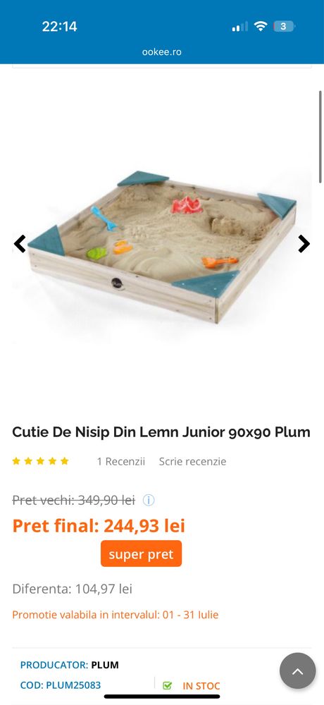 Cutie De Nisip Din Lemn Junior 90x90 Plum noua!