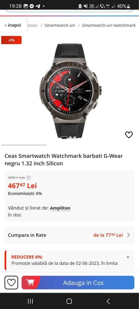 Ceas Smartwatch Watchmark barbati G-Wear Negru 1.32 inch, Silicon