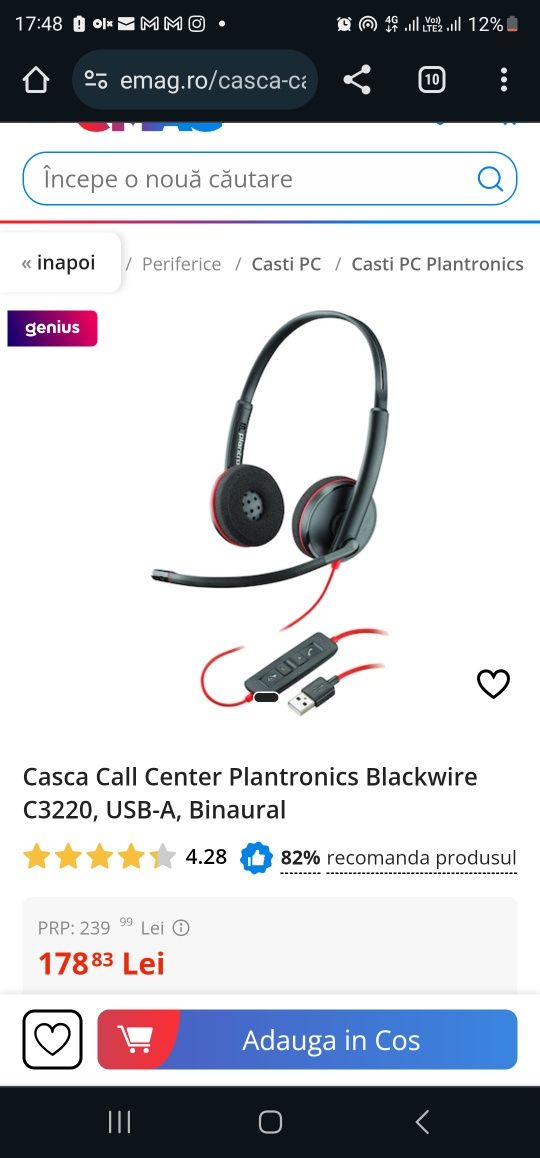 Casca Call Center Plantronics Blackwire C3220, USB-A, Binaural