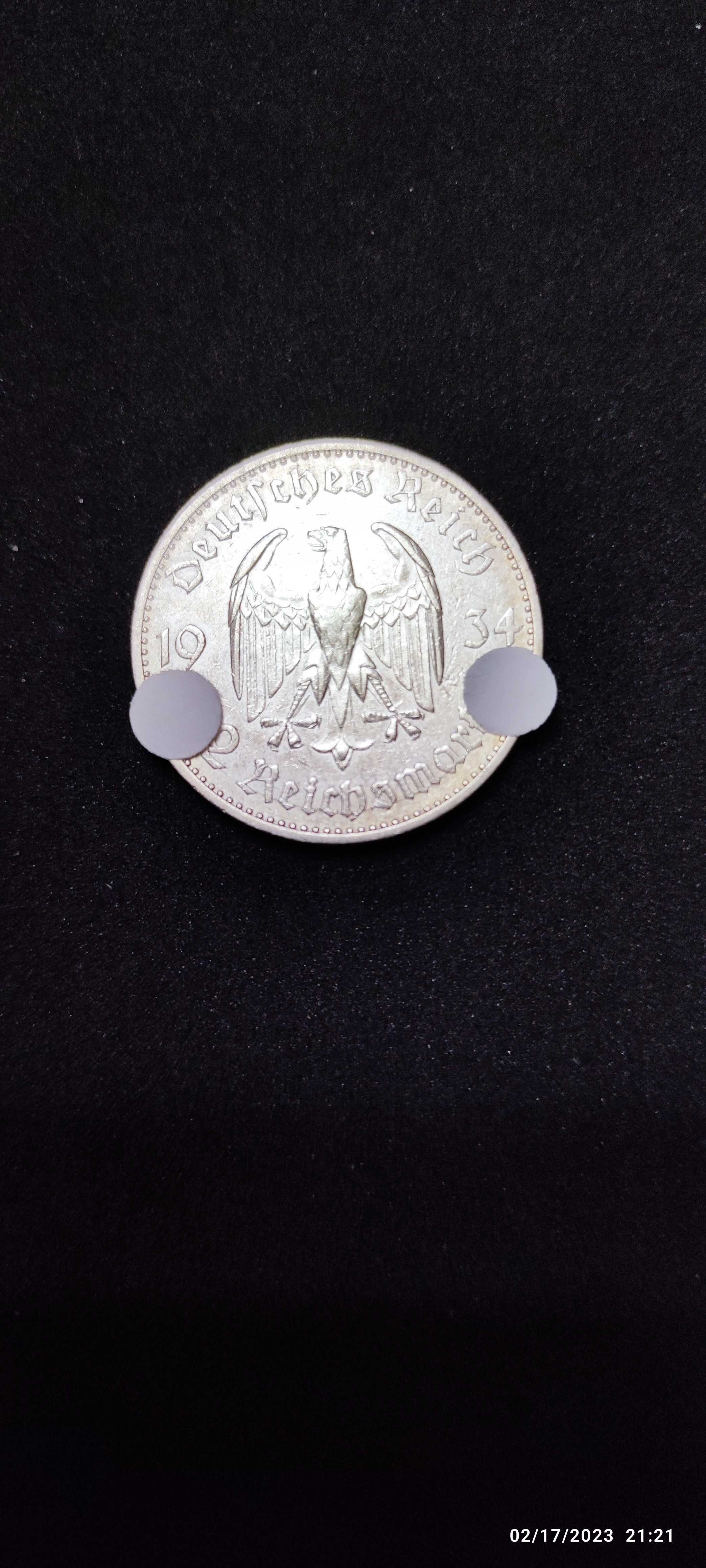 Monede argint 2 Reichsmark, GERMANIA, 1934 (F), (J), (A)