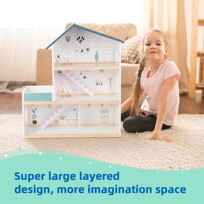 Дървена къща за кукли OOOK с комплект мебели, 4 семейни кукли и куче