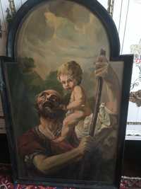 Superba pictura pe lemn-Sf. Cristoforus cu pruncul Isus-Italia