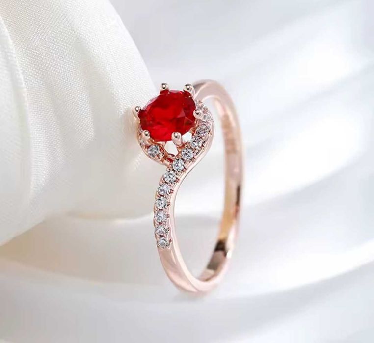 GR6, inel placat aur 14k,model logodna, zirconiu rosu/alb,desoebit