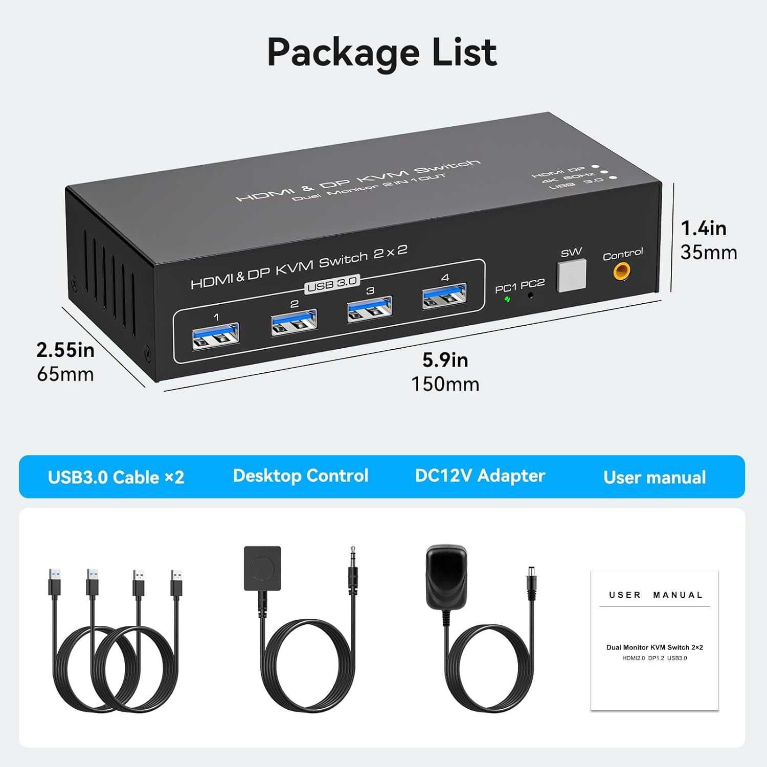 HDMI+Displayport KVM превключвател 2 монитора 2 компютъра 4K/60Hz